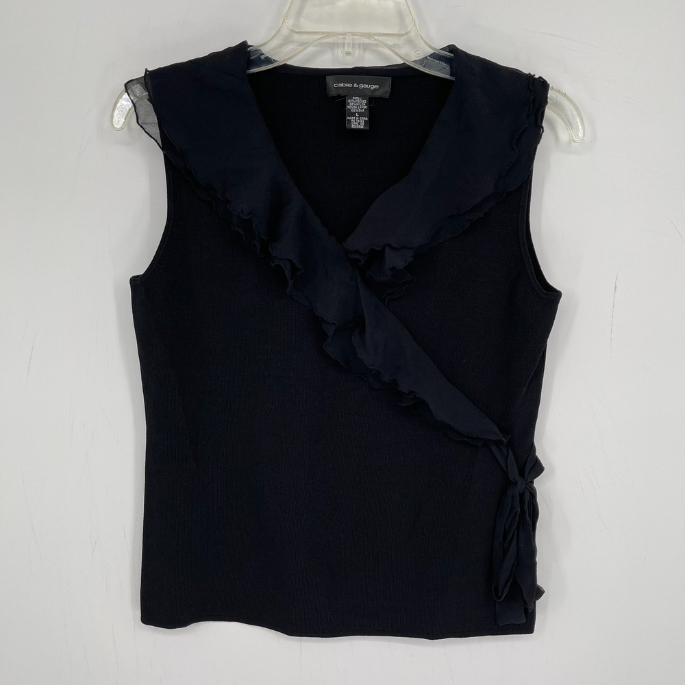 Cable & Gauge Women's Black Silk Trim Ruffle Faux Wrap Knit Tank Top Size L